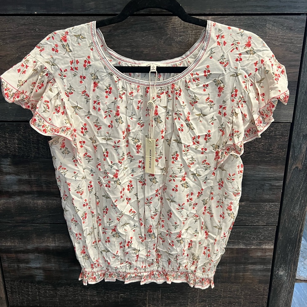 Max Studio Cream and Red Floral Blouse NWT